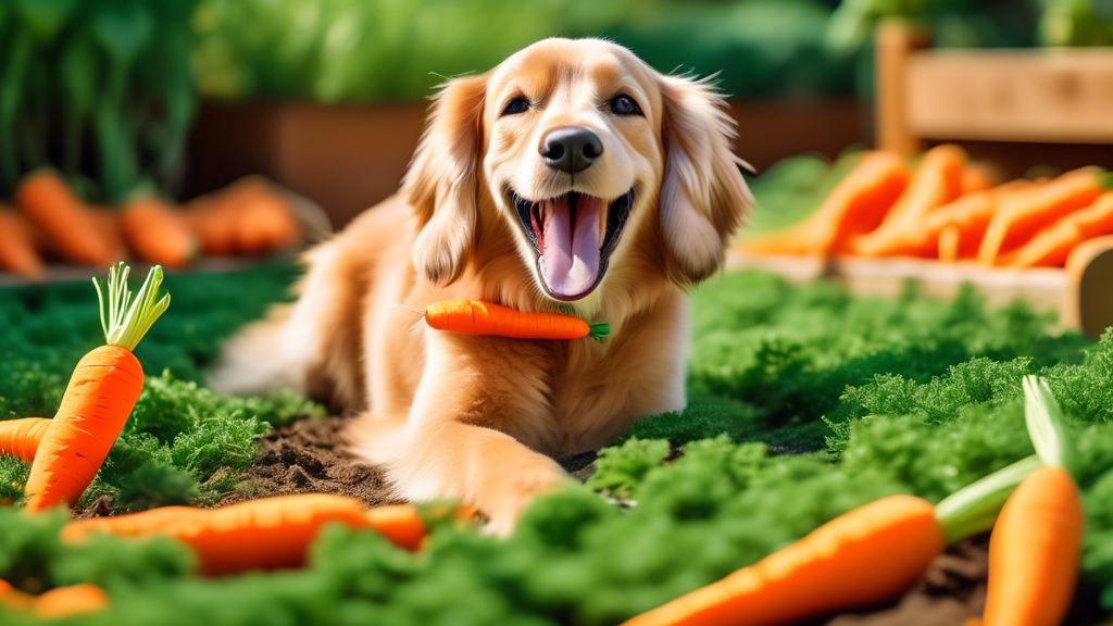 A vibrant and playful scene of a garden carrot patch with an adorable, happy dog enthusiastically playing with a carrot-shaped toy. The toy might have textures and features like squeakers and crinkles