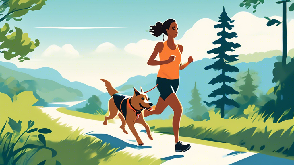 Create an illustration of a person running on a scenic trail with their dog, both appearing energetic and happy. Emphasize a high-quality, ergonomically designed leash that offers hands-free convenien