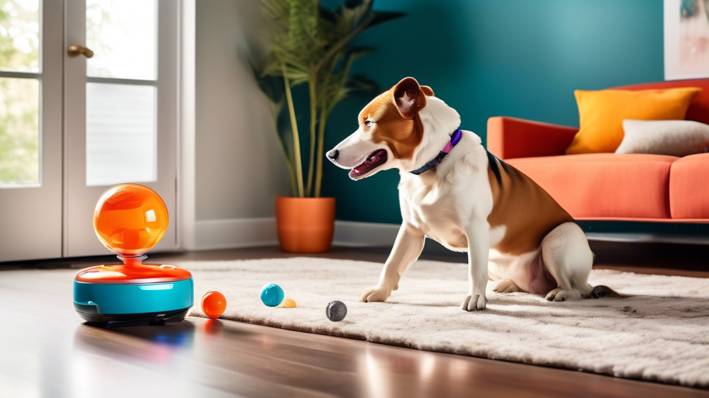 Create a vibrant and playful scene of a modern living room where various high-tech automated dog toys are in action, engaging a happy dog. Include features like a robotic ball that moves on its own, a