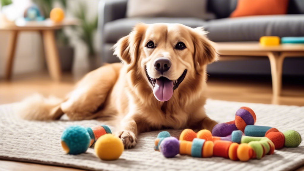 Create an image of a happy dog surrounded by high-quality, playful dog toys. The scene should include a variety of colorful and engaging toys such as chew toys, squeaky toys, and puzzle toys, all desi