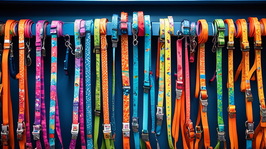 Create an image of various brightly colored waterproof leashes hanging neatly on a display in a pet store. The leashes should be made of materials that clearly look water-resistant, and include divers