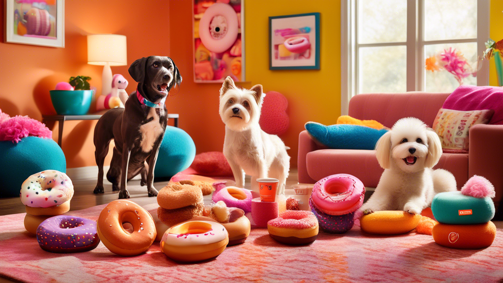 A vibrant, whimsical scene featuring a collection of dog toys inspired by Dunkin' Donuts. The toys are colorful and shaped like donuts, coffee cups, and other popular Dunkin' items. Dogs of various br