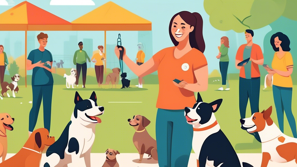 Create an image of a confident and friendly dog trainer working with a group of different dog breeds in a vibrant outdoor setting. The trainer uses positive reinforcement techniques like treats and cl