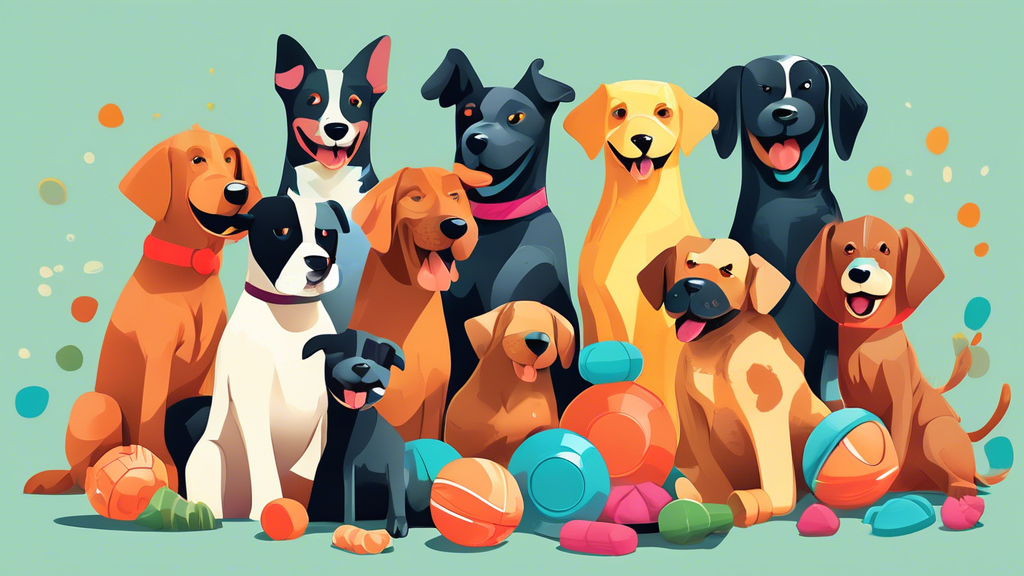 Create an image of a playful scene where several dogs of different breeds are happily interacting with various Tuff Enuff dog toys. The toys should look durable and come in bright, eye-catching colors