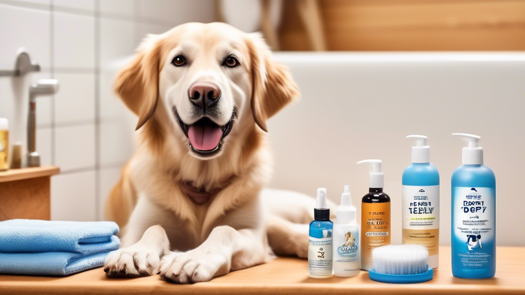 Create an image of a happy dog with clean, shiny ears sitting next to an assortment of dog ear cleaning solutions. The background should be a cozy, clean bathroom with gentle lighting, and include det