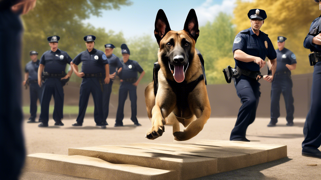 Create an image of a police dog training scene: a Belgian Malinois in mid-action, responding to commands from a police officer in uniform. The setting is a well-maintained training ground with obstacl