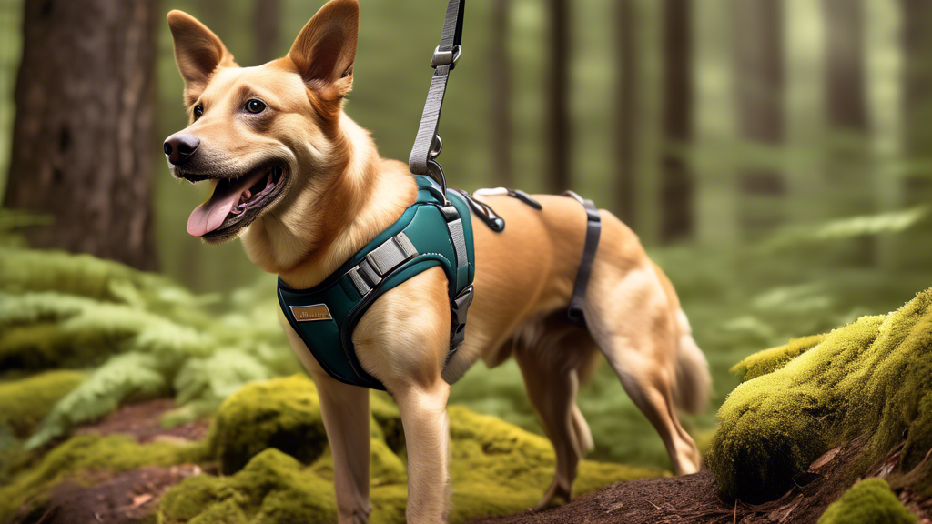 Create an image of a happy, active dog wearing a stylish and durable Ruffwear harness, exploring a scenic outdoor setting like a forest or mountain trail. The dog should look comfortable and secure, s