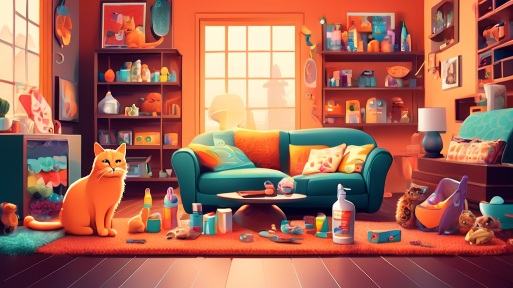 An adorable cat sitting in a cozy living room surrounded by an assortment of Chewy's top products including toys, treats, and grooming tools, all displayed in an appealing, homelike setting.