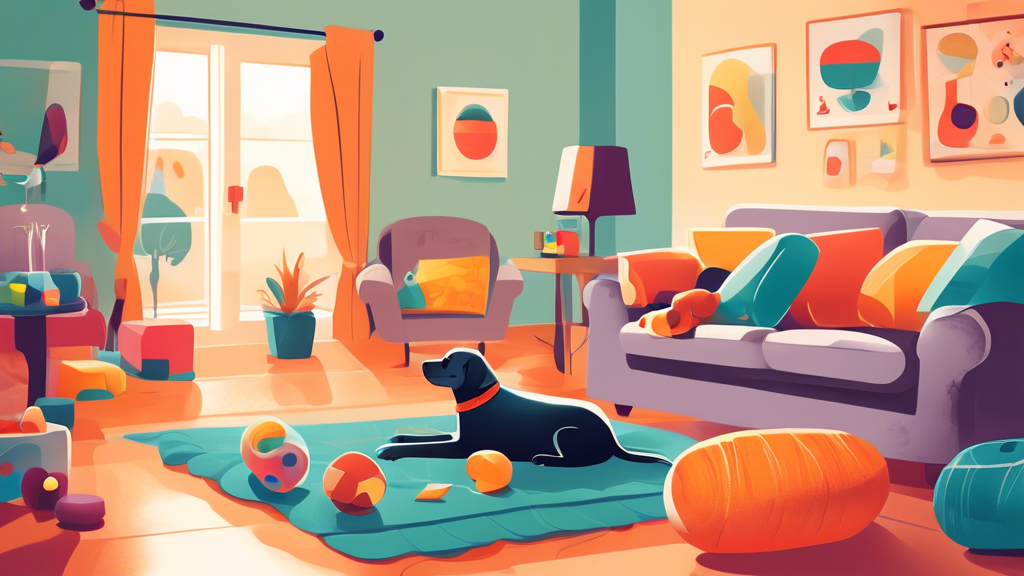 A cozy living room with a senior dog playing with various soft and interactive toys designed for older pets. Highlight a plush squeaky toy, a gentle chew toy, and a slow-feeding treat dispenser. The s