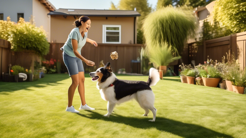 An enthusiastic dog trainer working with a playful dog in a sunny backyard. The trainer is using positive reinforcement techniques, rewarding the dog with treats and praise for keeping all four paws o