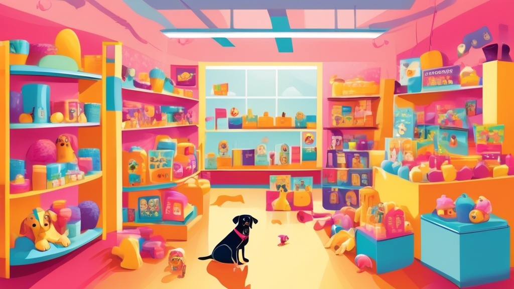 Create an image of a bright, welcoming dog store featuring a variety of dog accessories, toys, and treats. The store environment should have happy customers and their dogs, vibrant displays, and a kno