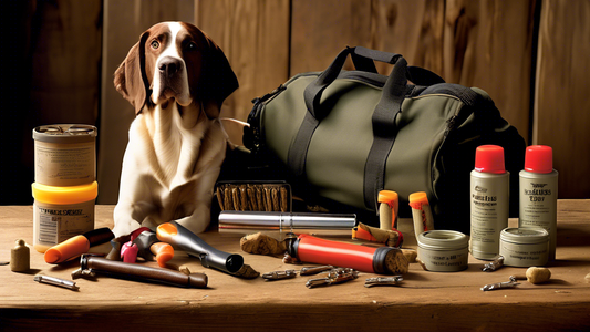 Create an image featuring a well-organized assortment of essential supplies for gun dog training. Include items such as training dummies, whistles, leashes, hunting vests, and dog treats, all arranged