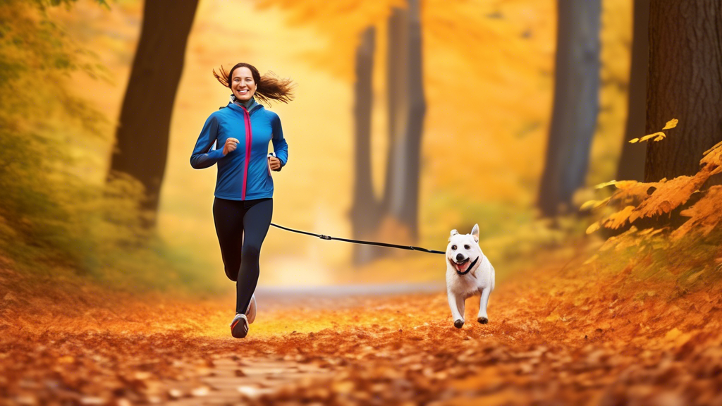 Create an image of a person running through a scenic park with their dog attached to a waist leash. The person is jogging along a forested trail with colorful autumn leaves scattered around. The dog l