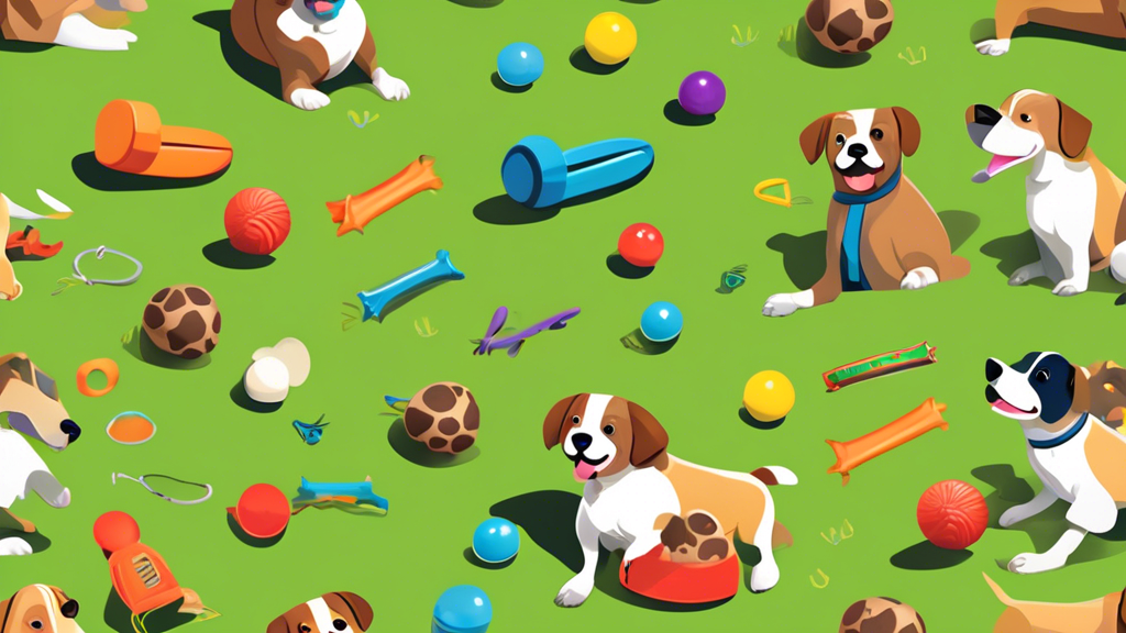 An image of various interactive and engaging dog toys scattered on a grassy backyard. Toys include treat-dispensing puzzles, chew toys, ropes, and fetch balls, all being actively used by different bre