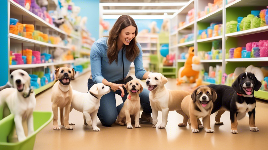 Create a heartwarming scene inside a Petco store: A diverse group of puppies and their owners participating in a training class. The environment is colorful and friendly, with pet-related decor. A pro