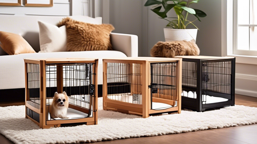 A cozy living room setting with a variety of small dog crates displayed. Each crate is different in design, color, and materials, showing options made of wood, plastic, and metal. Some crates have sof