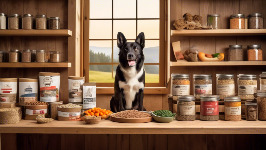 Create an image of a cheerful dog surrounded by various natural dog food options in a cozy, rustic kitchen. The dog food options should include fresh vegetables, raw meat, and grain-free kibble, all p