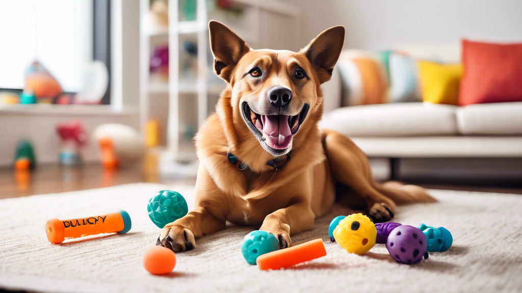 A vibrant image featuring a happy dog playing with colorful, durable chew toys in a well-lit living room. The dog is energetically engaging with a variety of sturdy toys spread around, each labeled wi