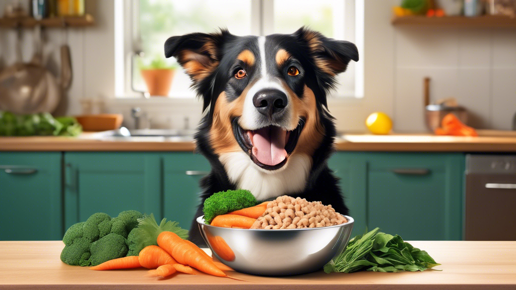 Create a highly detailed and realistic image of a happy, healthy dog with a shiny coat eating from a bowl labeled Optimplus. The background should feature a cozy kitchen setting with vibrant, fresh ve