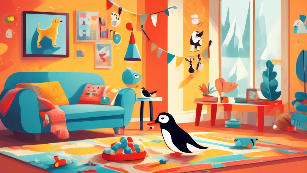 A cheerful scene featuring a playful dog joyfully interacting with a penguin-themed dog toy in a cozy living room. The room is decorated with colorful, whimsical accents and has a soft rug. The dog to