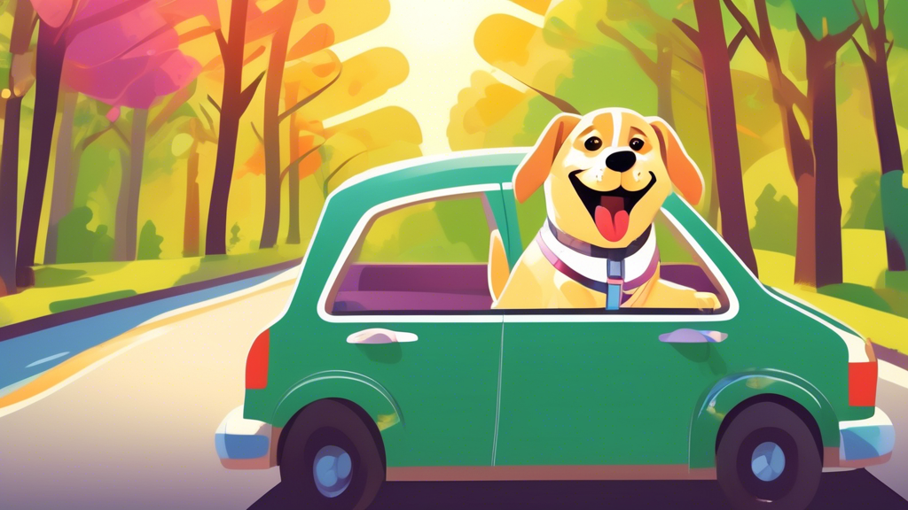 Create an image of a happy dog wearing a colorful, secure car harness while sitting comfortably in the back seat of a modern car. The background shows a sunny day with green trees visible through the 