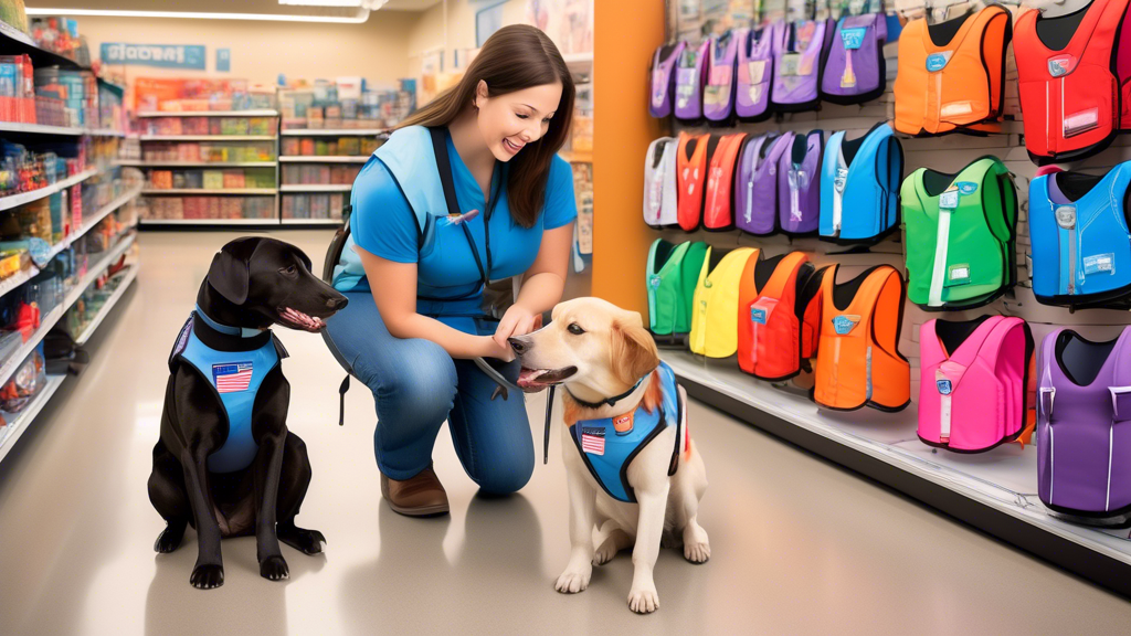 An enthusiastic pet owner shopping at Petco, carefully selecting the perfect service dog vest for their well-behaved dog. The dog is sitting patiently, wearing a temporary vest, surrounded by a variet