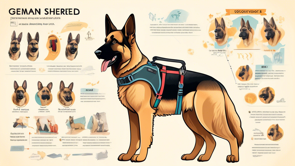 An informative and detailed illustration of a German Shepherd wearing a well-fitted harness, with visual comparisons of different harness styles (such as back-clip, front-clip, and no-pull). The backg