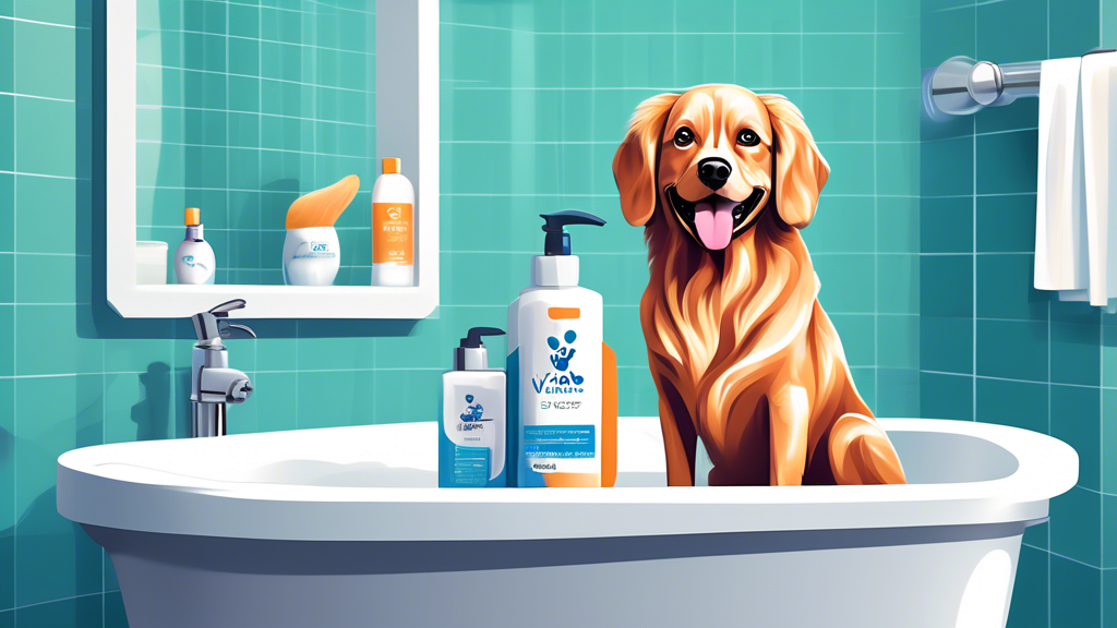 Create an image of a happy, well-groomed dog with a shiny coat sitting in a bright, modern bathroom. The dog is surrounded by Virbac Dog Shampoo bottles, with a paw print logo on the labels. Include g