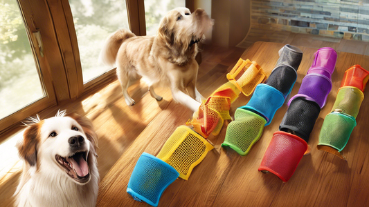 A close-up of a variety of mesh dog muzzles displayed on a wooden table, with different sizes and colors. Background shows a friendly dog trainer demonstrating the correct way to fit a muzzle on a hap