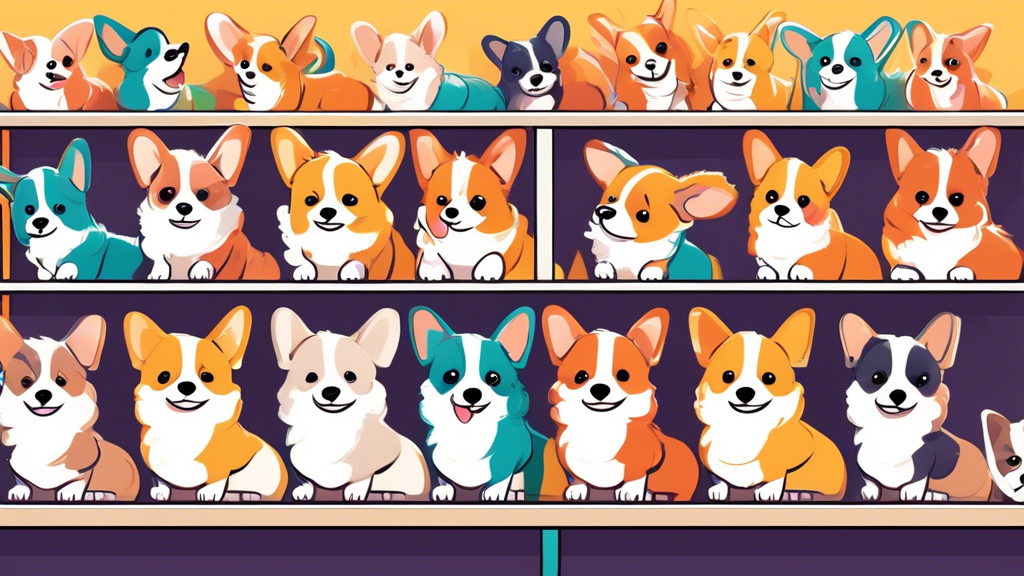 Adorable cartoon-style corgi puppies in various textures and colors lined up on a whimsical pet store shelf, with buyers examining tags and features, in a bright, cheerful setting.