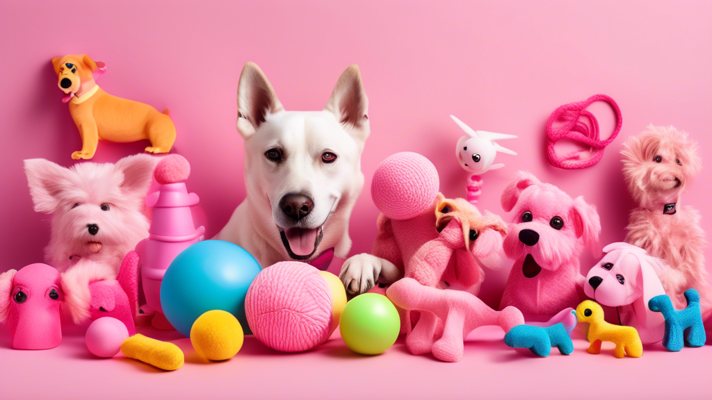 An assortment of the top pink dog toys arranged in a playful, colorful setting, featuring various shapes and sizes suitable for different dog breeds. Include plush squeaky toys, chew ropes, interactiv