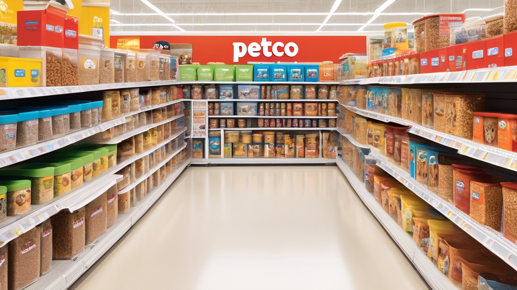 Create an image showcasing a variety of premium dog food containers displayed on shelves in a well-organized Petco store aisle. The containers should come in different shapes, sizes, and designs to hi