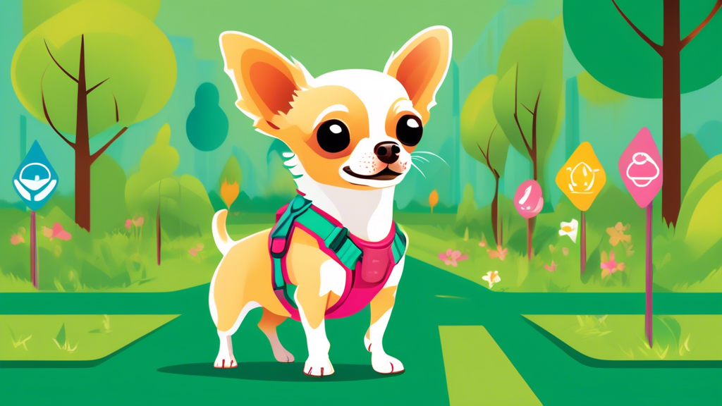 A small, joyful Chihuahua wearing a brightly colored, comfortable harness, walking confidently on a lush green park path, with a size guide chart and safety icons floating gently around it.