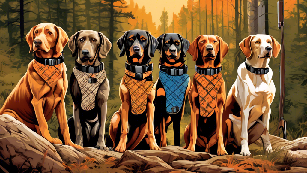 Create an image of a rugged outdoor scene with a variety of well-trained hunting dogs wearing different types of high-quality hunting dog collars. Each collar should have distinct features such as GPS