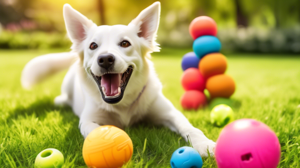 Create an image showing a happy and energetic dog playing with a variety of indestructible dog toys in a vibrant outdoor setting. The toys should be made of durable materials like rubber and nylon, an