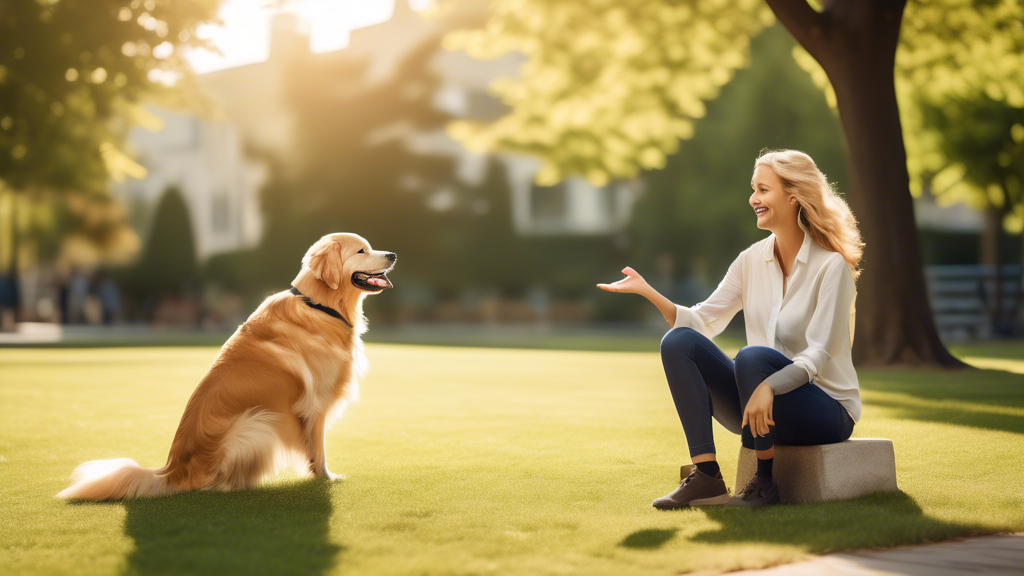 A serene park setting with a dog confidently responding to commands from its owner, demonstrating off-leash control. The dog, a well-groomed Golden Retriever, is seen sitting, staying, and coming when