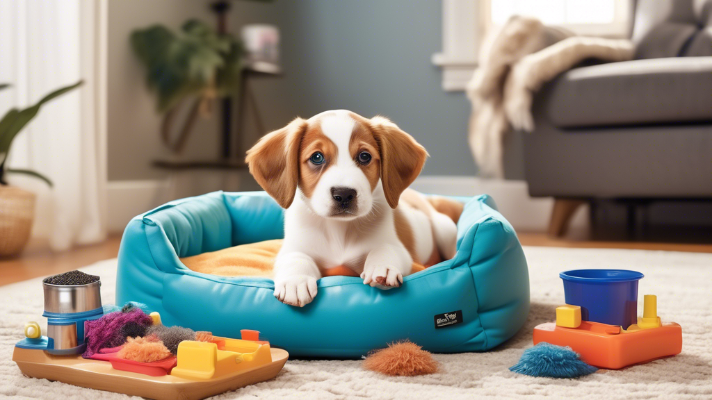 Create an image of a cozy living room setting with a new puppy surrounded by essential supplies: a comfy dog bed, food and water bowls, a variety of colorful chew toys, a leash, grooming tools, a bag 