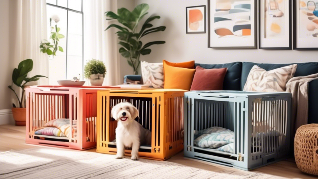 Create a high-quality image featuring a variety of stylish and comfortable small dog crates arranged in a cozy living room setting. Each crate showcases unique designs and features, such as soft beddi