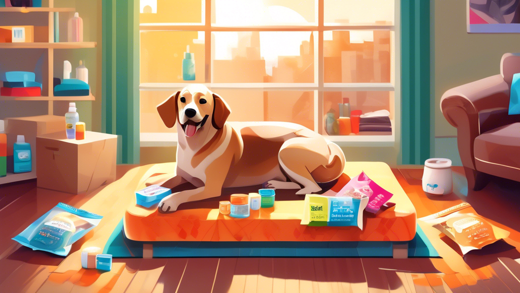 A cozy living room with a happy, healthy dog lying comfortably on a dog bed, surrounded by a variety of colorful flea medication packages on a coffee table. The packages display clear, friendly labels