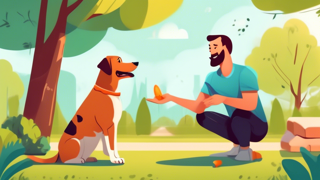 An experienced dog trainer using positive reinforcement techniques with an aggressive dog in a peaceful outdoor setting. The trainer is holding a treat while the dog sits calmly, showing signs of prog