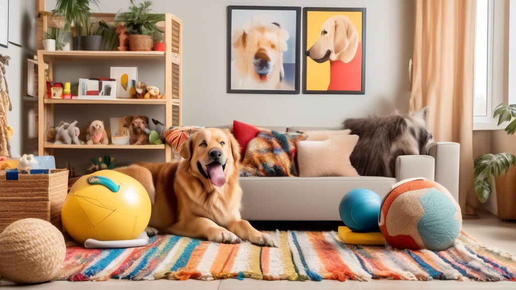 A cheerful, cozy living room with a variety of durable, colorful toy boxes designed for large dogs. Each box is filled with an assortment of oversized toys like ropes, balls, and chew toys. A large do