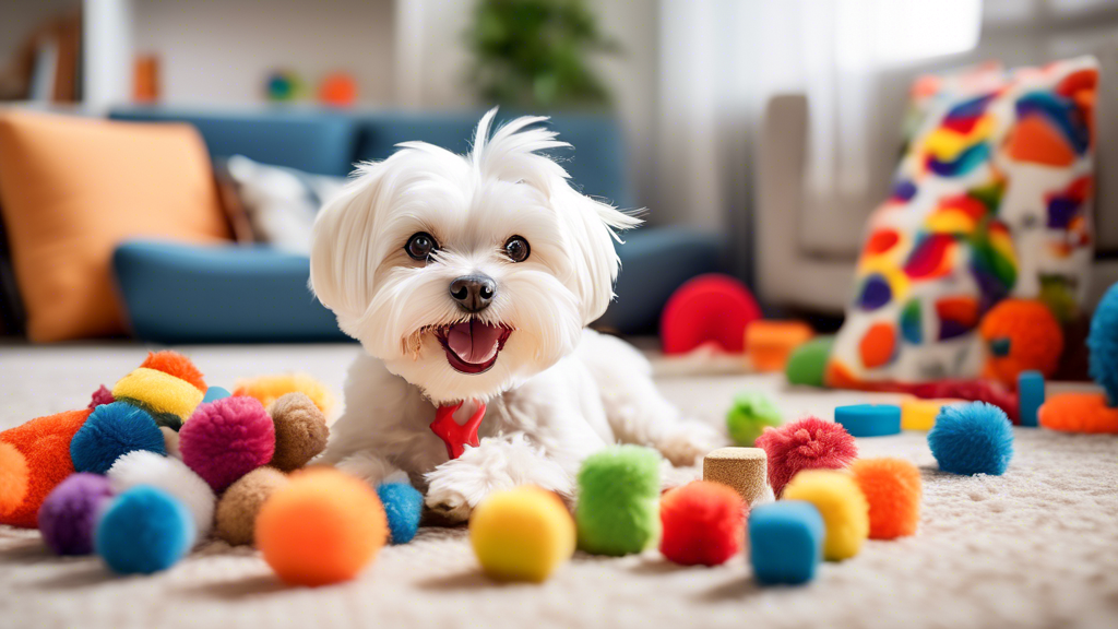 Create an image of a joyful Maltese dog surrounded by a variety of colorful toys in a cozy living room setting. Include chew toys, squeaky toys, plush animals, and interactive puzzle toys to show the 