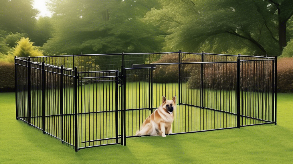 Create an image of various outdoor dog pens designed for large breeds, set in a spacious backyard with green grass and trees. Include large dogs like German Shepherds, Labradors, and Golden Retrievers