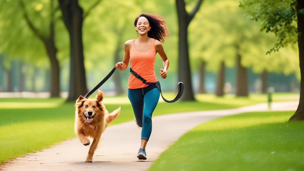 An enthusiastic dog joyfully running on a long leash in a spacious, green park, with its owner smiling and holding the leash, showcasing the benefits of freedom and safety during training and exercise