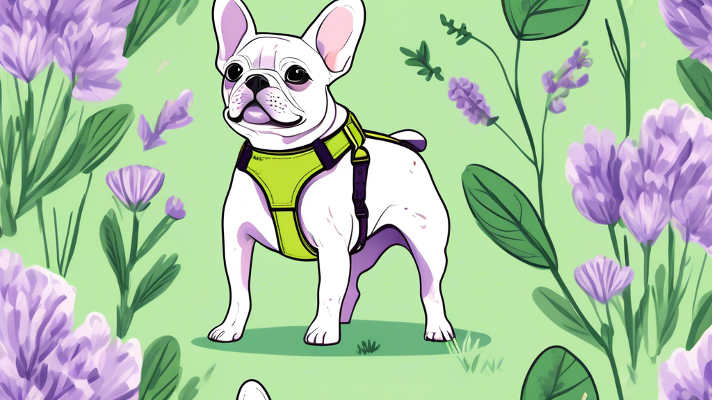 Create an image of a stylish and comfortable lavender dog harness on a cheerful, small dog, like a French Bulldog or a Corgi, posing outdoors in a vibrant, green park. The harness should have fashiona