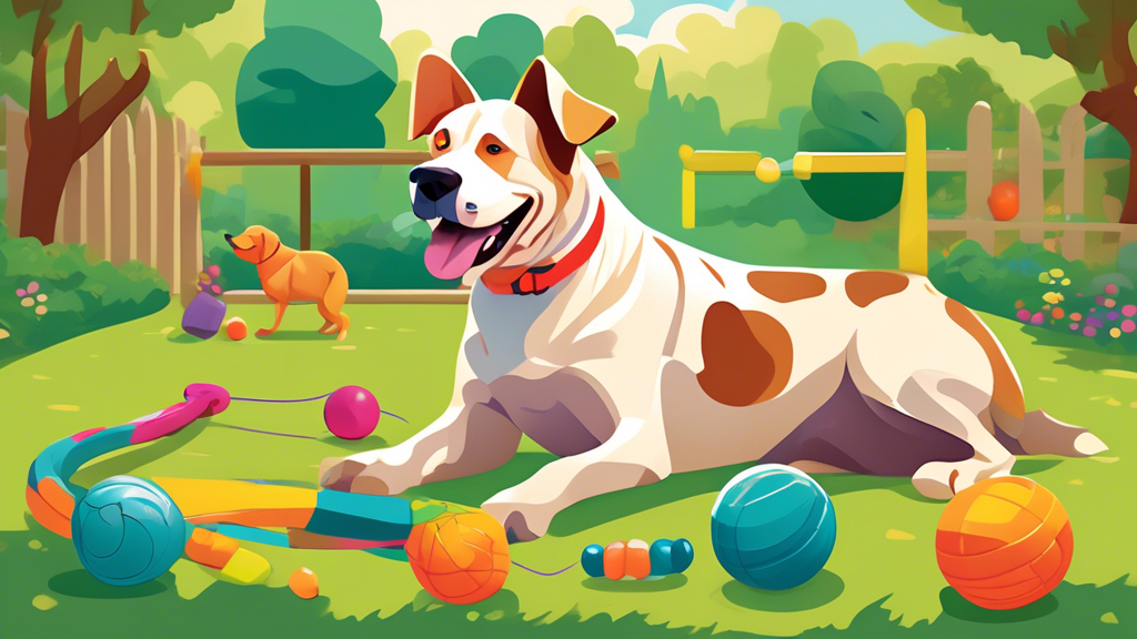 Create an image of a friendly, large breed dog happily playing with a variety of durable and colorful dog toys in a spacious, green backyard. Include toys like a robust tug-of-war rope, a sturdy chew 