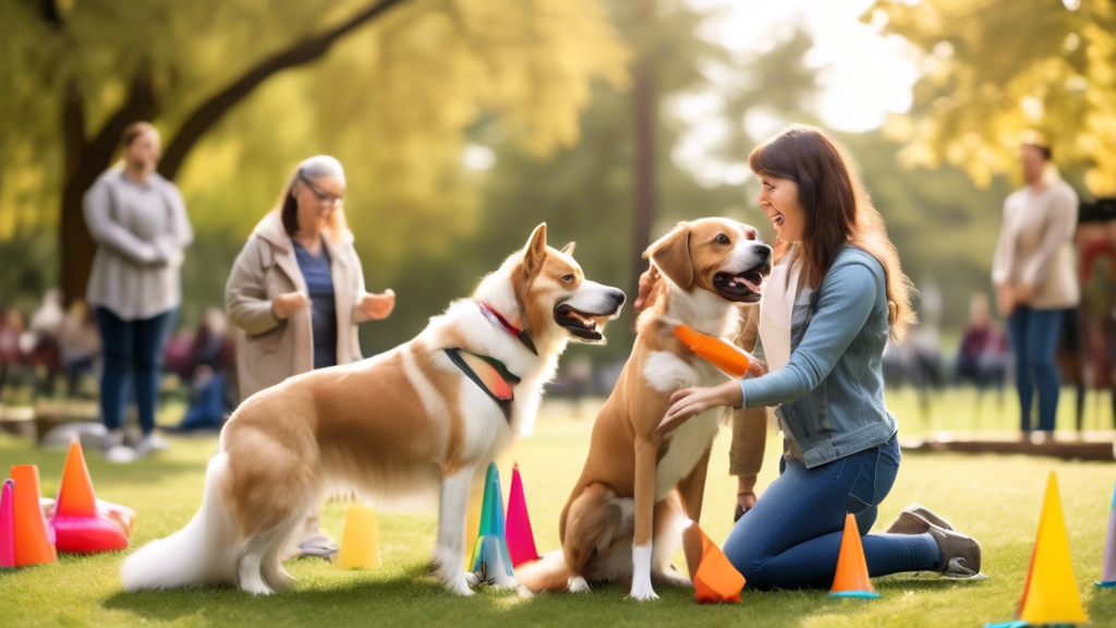 Create an image of a friendly dog obedience class in a park, with a professional trainer demonstrating training techniques to a group of diverse dog owners. Show various breeds of dogs performing tric