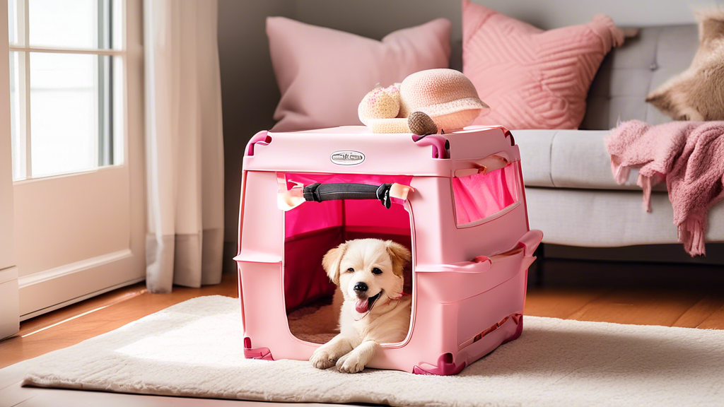 An image of a happy dog sitting comfortably inside a stylish pink dog crate. The crate is in a cozy, well-decorated living room with natural sunlight streaming through the windows. The dog is a small 