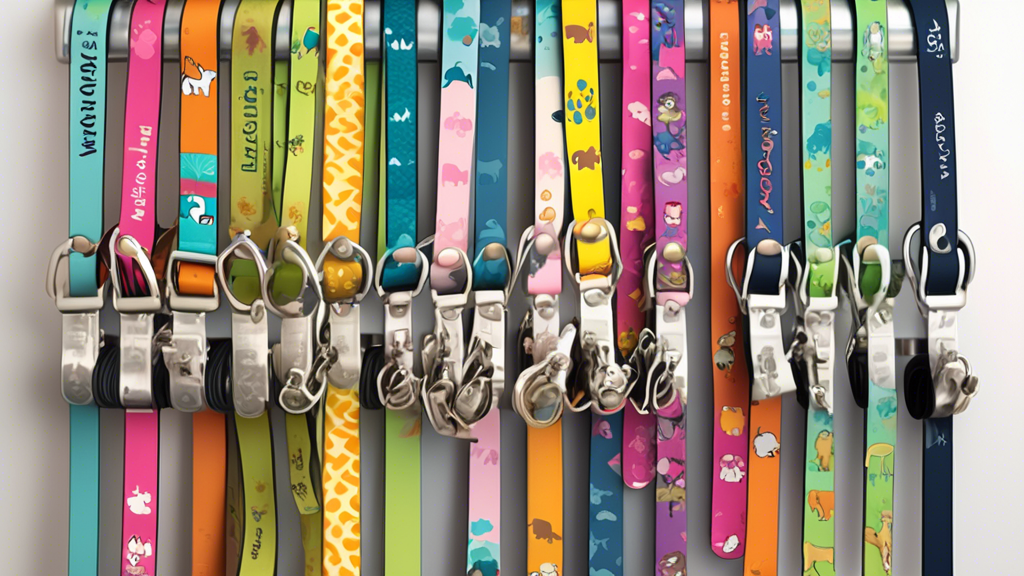 Create an image of a variety of personalized dog leashes hanging on a display rack. Each leash features different materials, colors, and custom engraving options, showcasing unique names and playful d