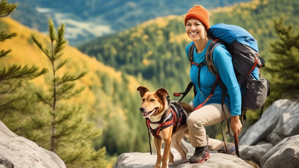 Create a scenic image of a hiker equipped with a high-quality backpack, walking on a trail with their dog. The landscape should feature mountains, forests, and a clear blue sky. The hiker's backpack s